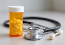 A prescription bottle filled with yellow pills next to a stethoscope on a neutral background
