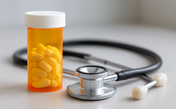 A prescription bottle filled with yellow pills next to a stethoscope on a neutral background
