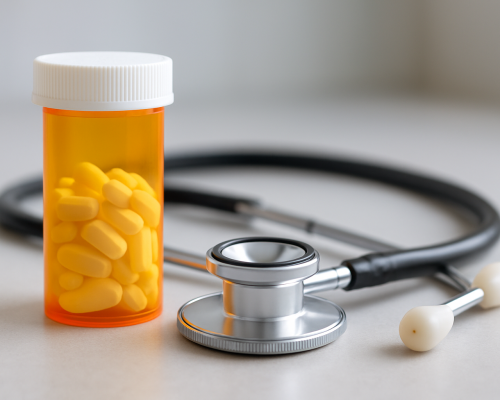 A prescription bottle filled with yellow pills next to a stethoscope on a neutral background