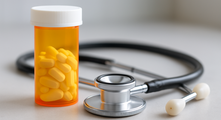 A prescription bottle filled with yellow pills next to a stethoscope on a neutral background