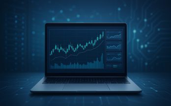 A laptop displaying financial trading charts against a dark blue background