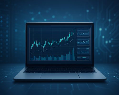 A laptop displaying financial trading charts against a dark blue background