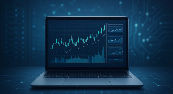 A laptop displaying financial trading charts against a dark blue background