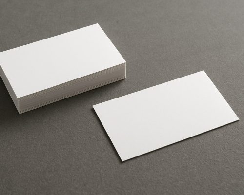 A stack of blank business cards on a gray surface, with one card slightly displaced from the stack.