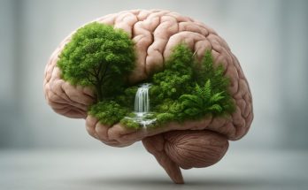 A surreal representation of a brain with trees and a waterfall, symbolizing the connection between nature and mental wel