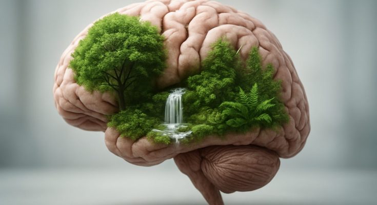 A surreal representation of a brain with trees and a waterfall, symbolizing the connection between nature and mental wel
